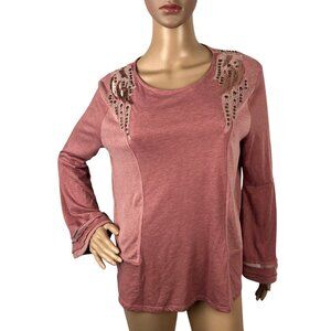 Miss Me Embellished Studded Knit Sweater Long Flare Sleeve Pink Size M Boho Y2K